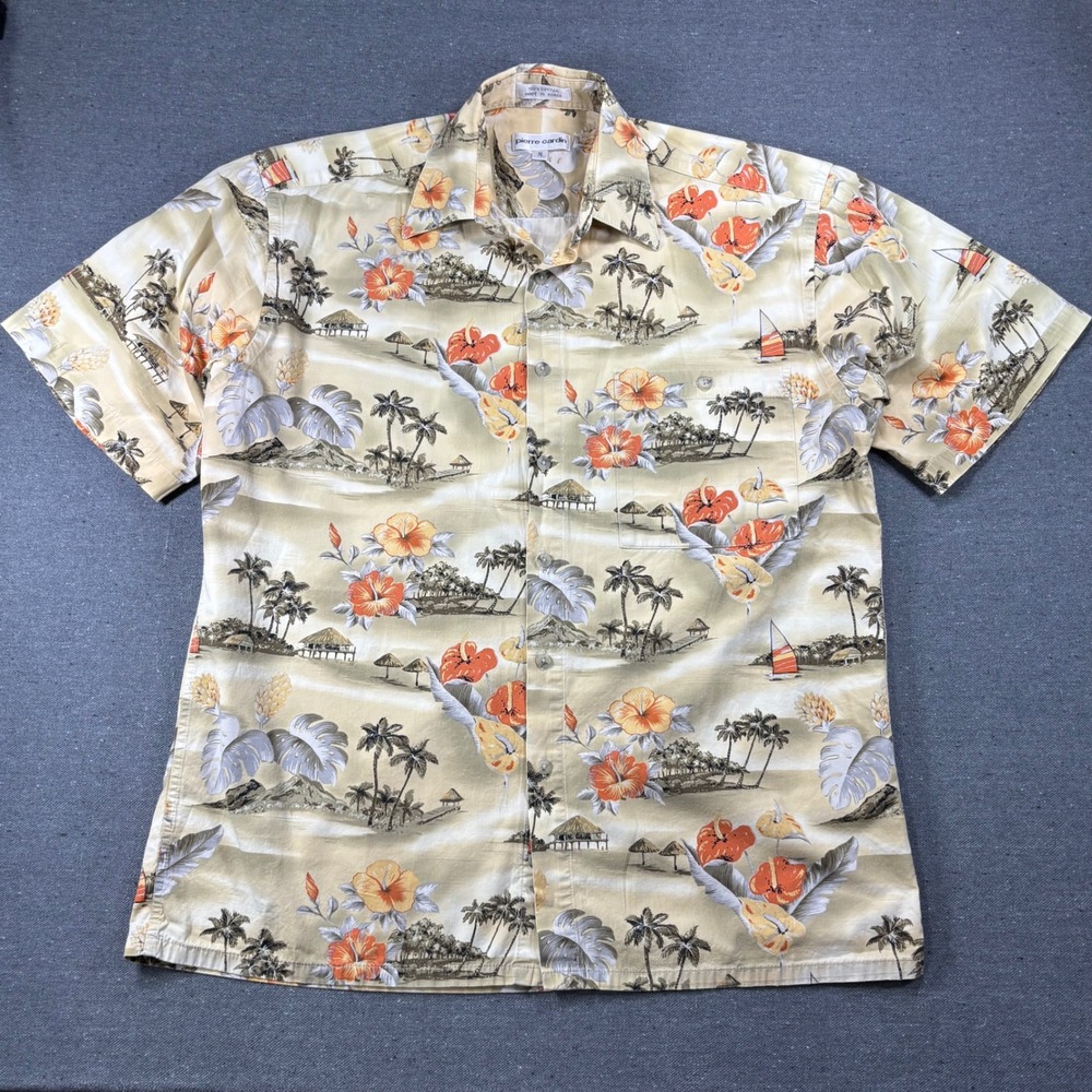 Pierre Cardin Vintage Hawaiian Shirt Mens Med Beige Cotton Tropical Aloha Camp